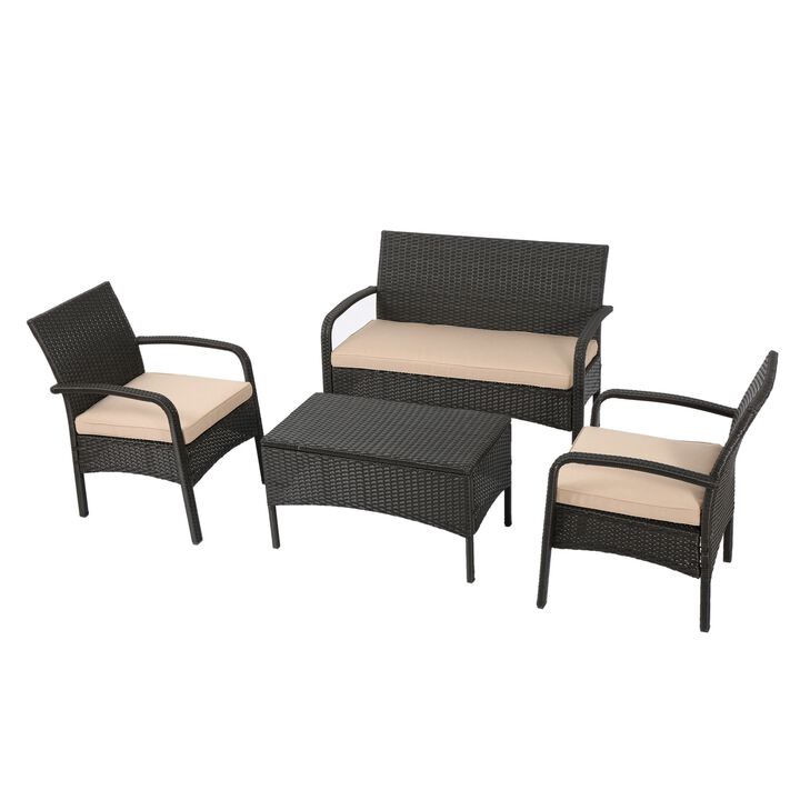 Orry 4pc Outdoor Table Set, 1 Loveseat, 2 Accent Chairs, Tan, Brown Rattan