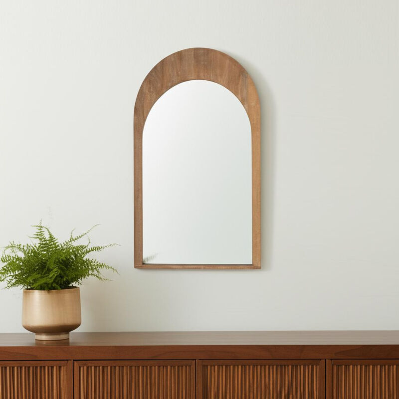 HomeRoots 48" Light Brown Solid Wood Arch Framed Accent Mirror image number 1