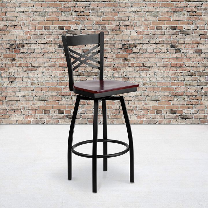 Flash Furniture HERCULES Series Black ''X'' Back Swivel Metal Barstool - Mahogany Wood Seat