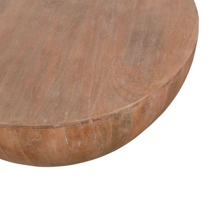Drum Shape Wooden Coffee Table with Plank Design Base, Distressed Brown-Benzara