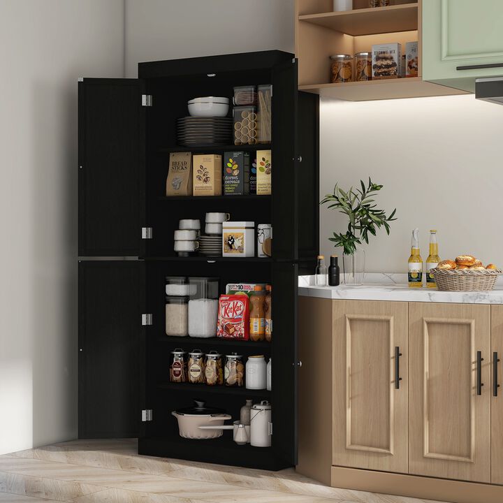 72" Black Freestanding Kitchen Pantry: Doors, Shelves, Food Storage