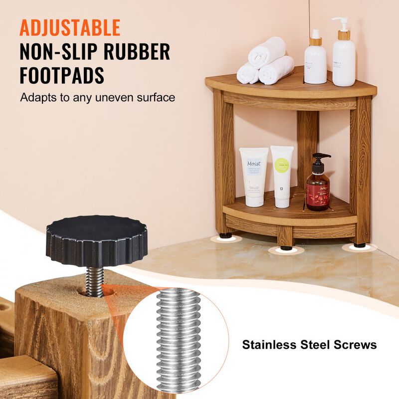 Corner Shower Stool with Storage Shelf, Faux Wood Grain Water Resistant Bench-Brown image number 5