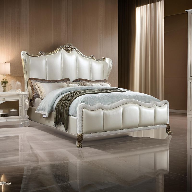 Ally California King Bed, White Faux Leather Victorian Carved, Silver - Benzara