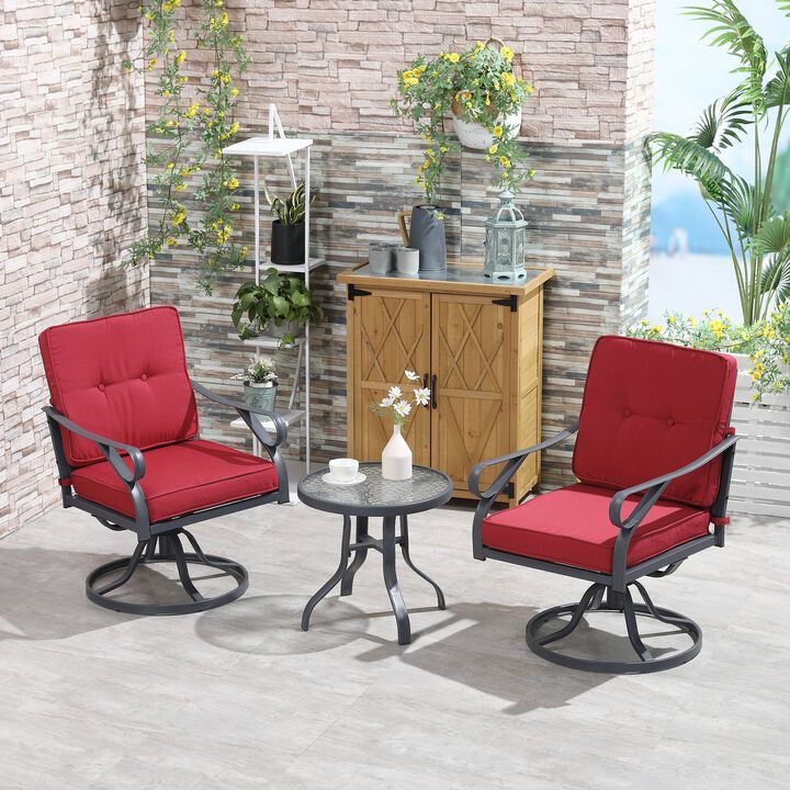 3 Pieces Outdoor Swivel Bistro Set, 2 Rocker Chairs and 1 Round Tempered Glass Table with Cushion, Yard, Lawn Furniture, Red