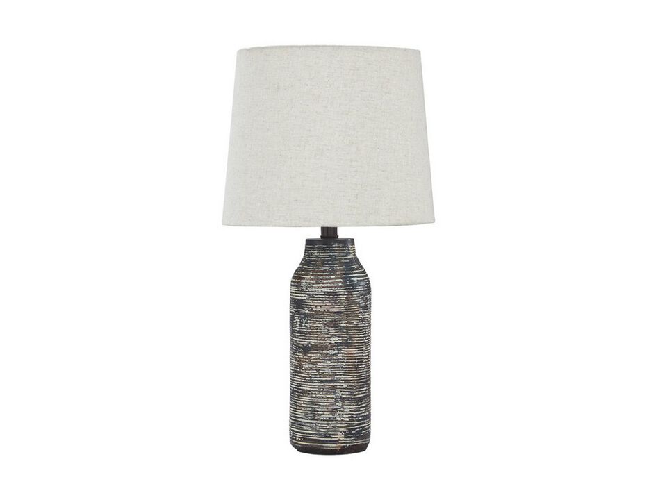 Fabric Shade Table Lamp with Textured Base, Set of 2, White and Black - Benzara