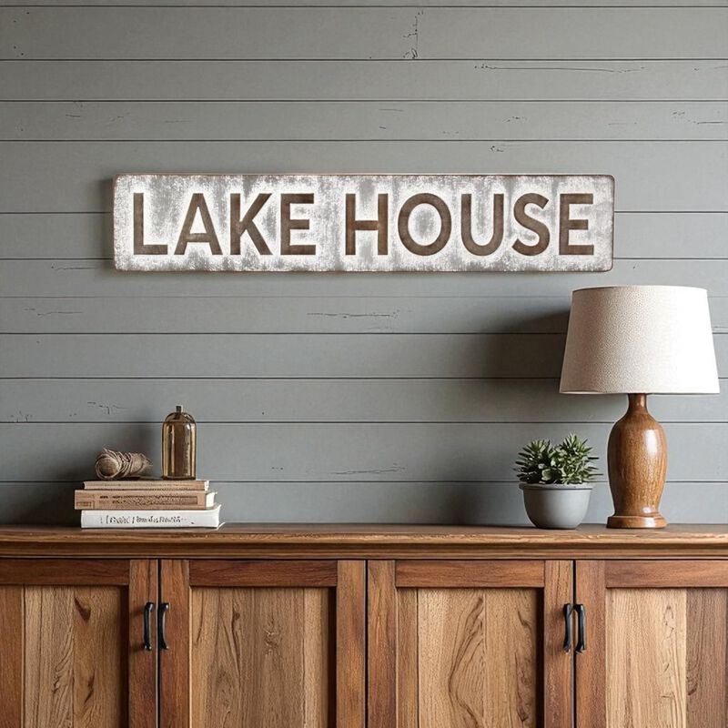 HomeRoots 7" X 36" Gray Lake House Galvanized Metal Wall Decor image number 1