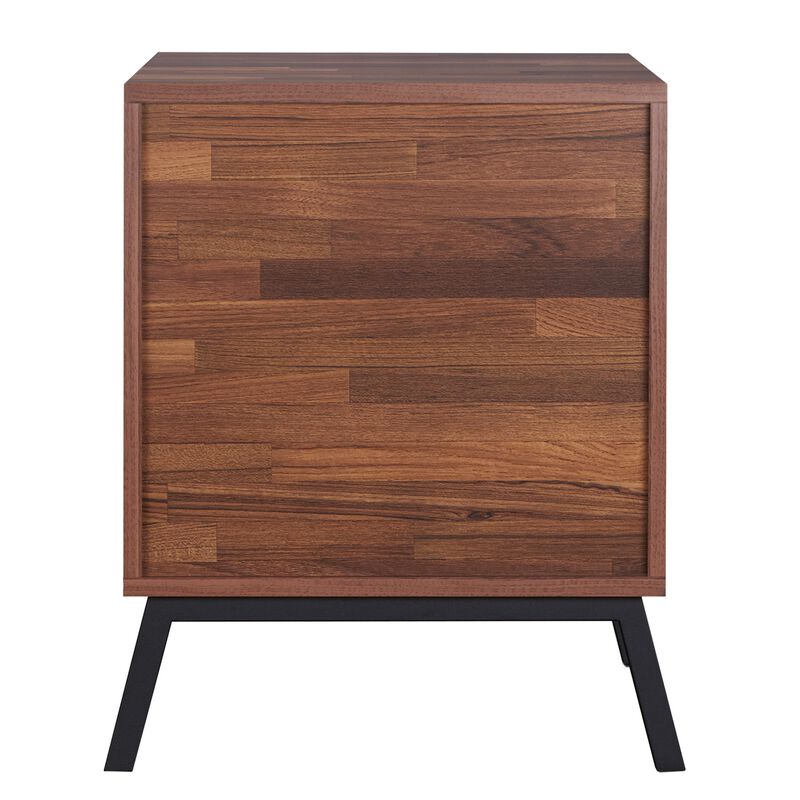 Two Drawers Wooden End Table with Angled Leg Support, Brown and Black-Benzara