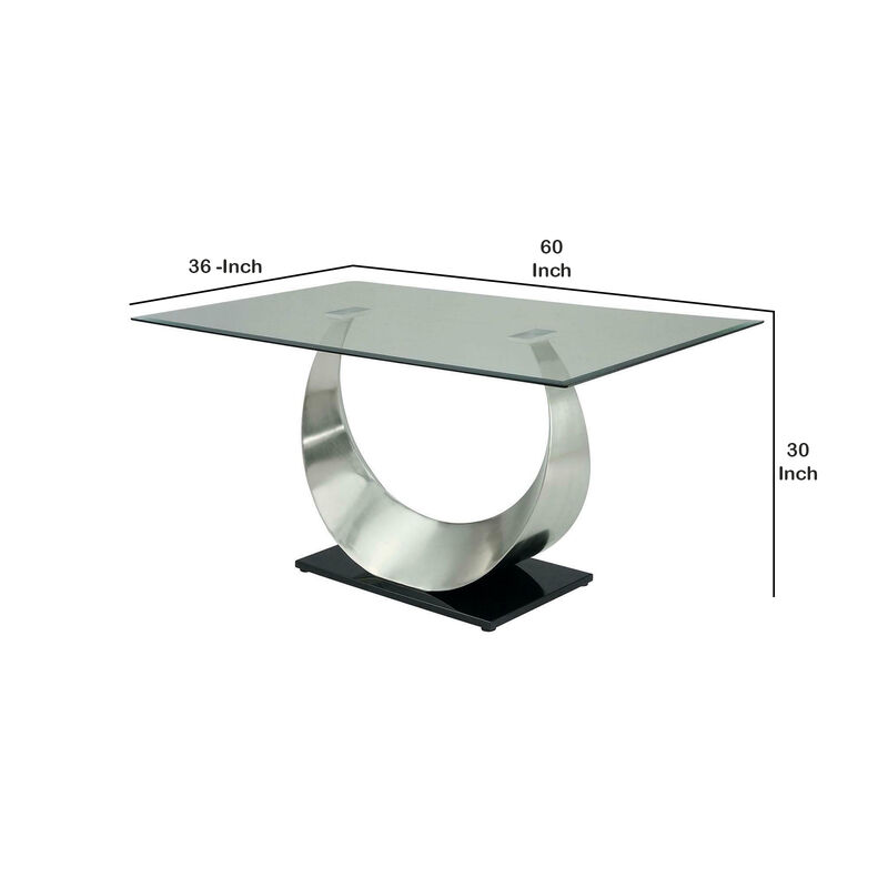 Metal and Glass Dining Table with Unique U Shape Pedestal Base, Chrome and Black-Benzara
