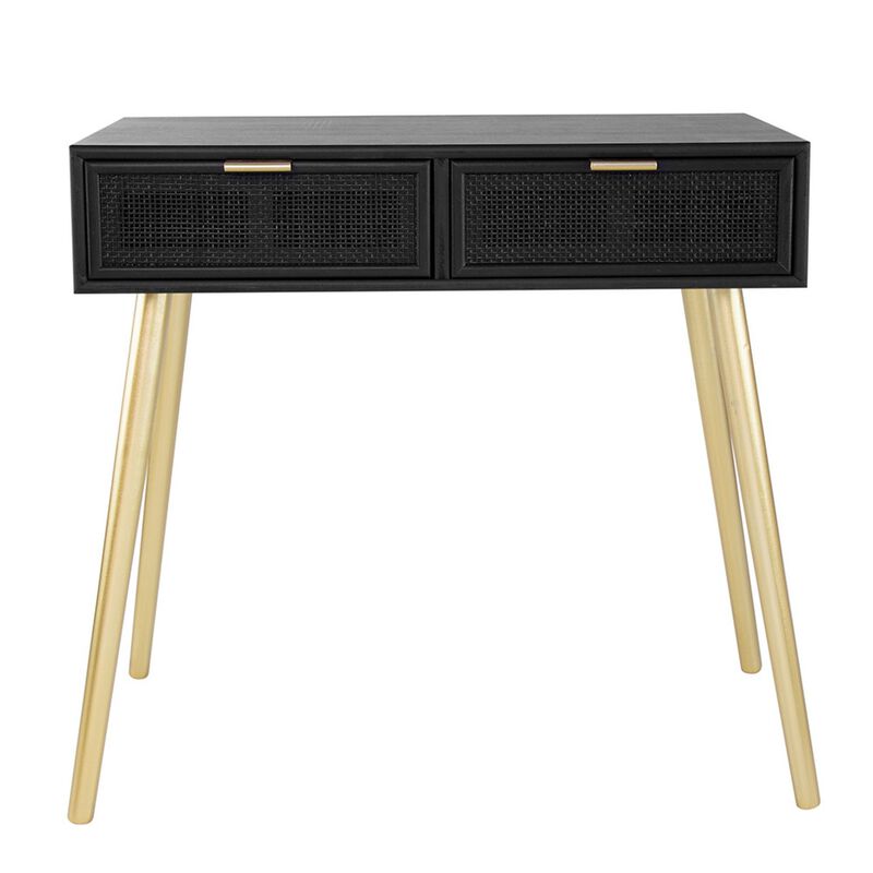 Pia 32 Inch Wood Console Table, 2 Drawers, Woven Rattan Design, Black, Gold