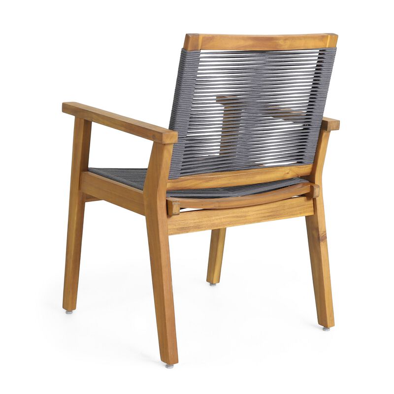 Outdoor Dining Chair Set of 2, 35 Inch Gray Woven, Brown Acacia Wood - Benzara