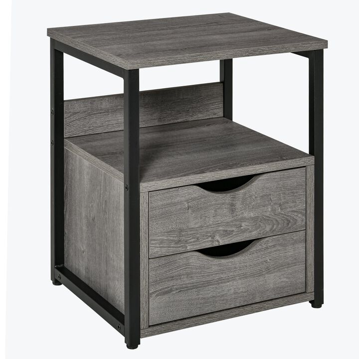 Industrial Side Table, Night Stand with 2 Storage Drawers Accent Piece for Living Room, Bedroom, Grey