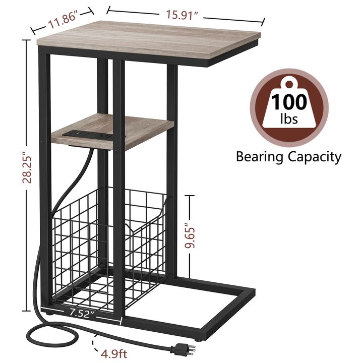 Vagusicc C Shaped End Table with Charging Station, Side Table for Couch, Small Side End Table for Small Spaces, 28"" High Slide