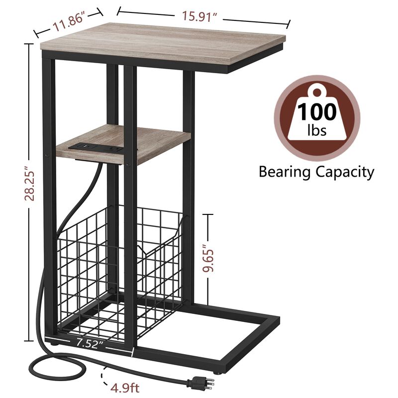 Vagusicc C Shaped End Table with Charging Station, Side Table for Couch, Small Side End Table for Small Spaces, 28"" High Slide