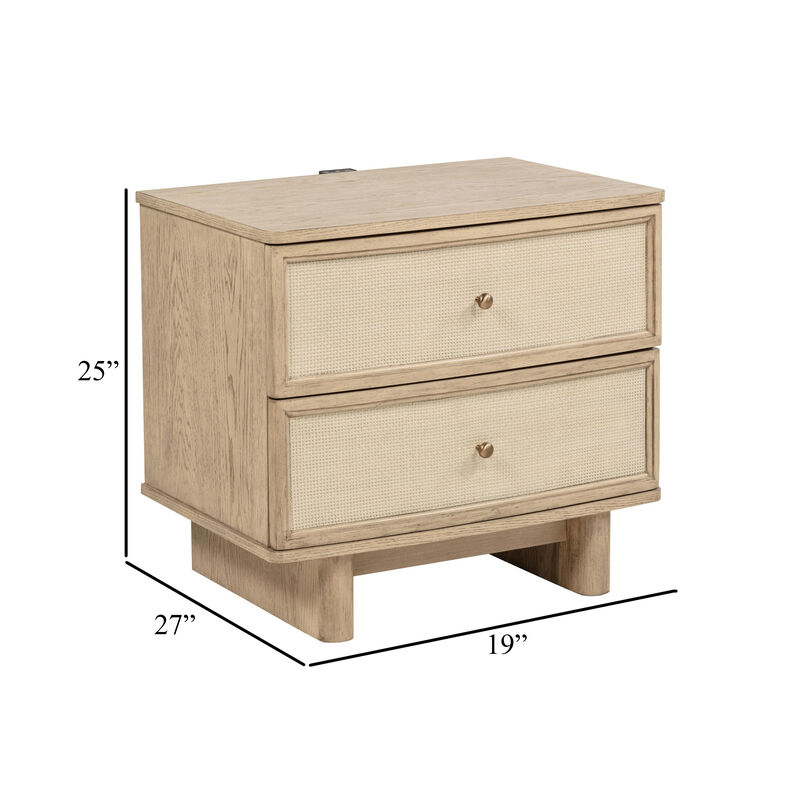 Lno Nightstand, 2 Cane Accent Drawers w Brass Knobs, USB, Oak Beige - Benzara