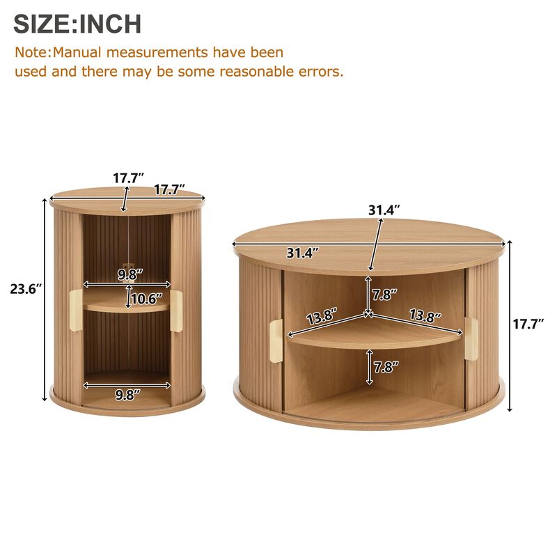 Mid Century Coffee Table Set with Sliding Tambour Door Fluted Round End Table with Storage image number 1