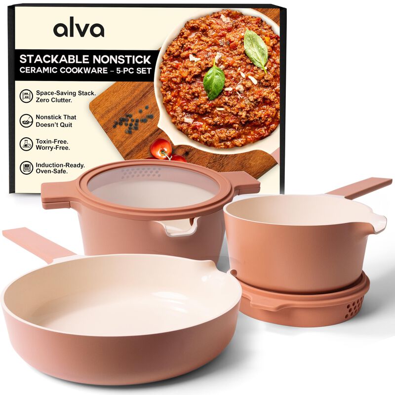 Alva Neat 5-in-1 Ceramic Nonstick Cookware Nesting Set, Recycled Aluminum Non-Toxic PFAS, PFOA, PTFE Free, Frying Pan, Cookware Set Compatible with All Cooktops, Induction Safe, Oven Safe