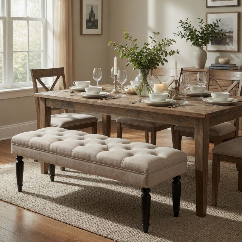 Rasa Accent Bench, Tufted Latte Brown Fabric, Black Turned Legs 52 Inch image number 8