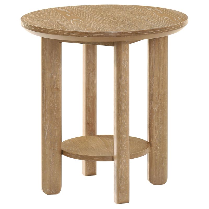 Clera Round Side End Table with Open Shelf, Light Oak Wood 22Inch image number 3