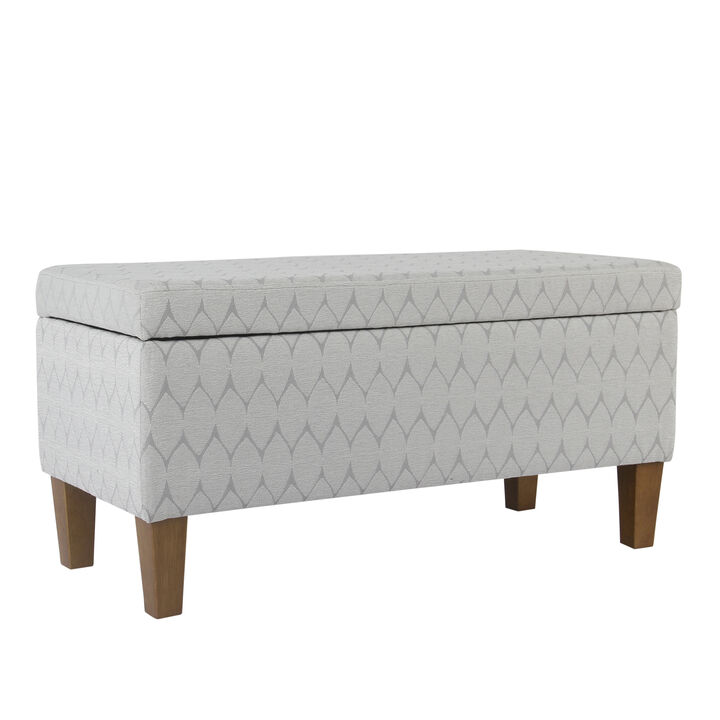 Geometric Patterned Fabric Upholstered Wooden Bench with Hinged Storage, Large, Gray and Brown - Benzara