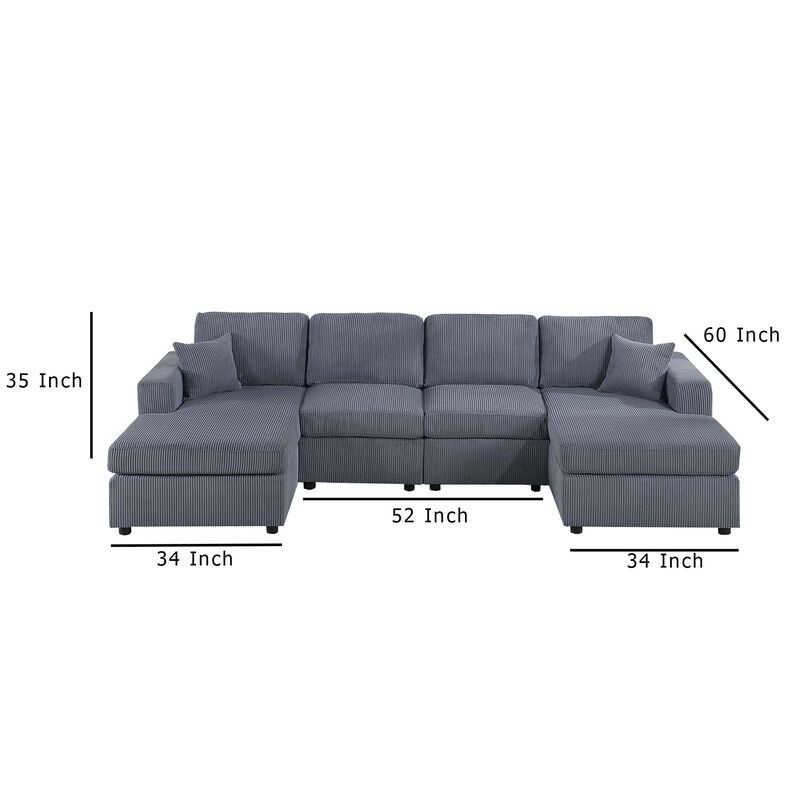 Iny U Sectional Sofa Set with Chaise, Armless Chair, 2 Pillows, Gray - Benzara