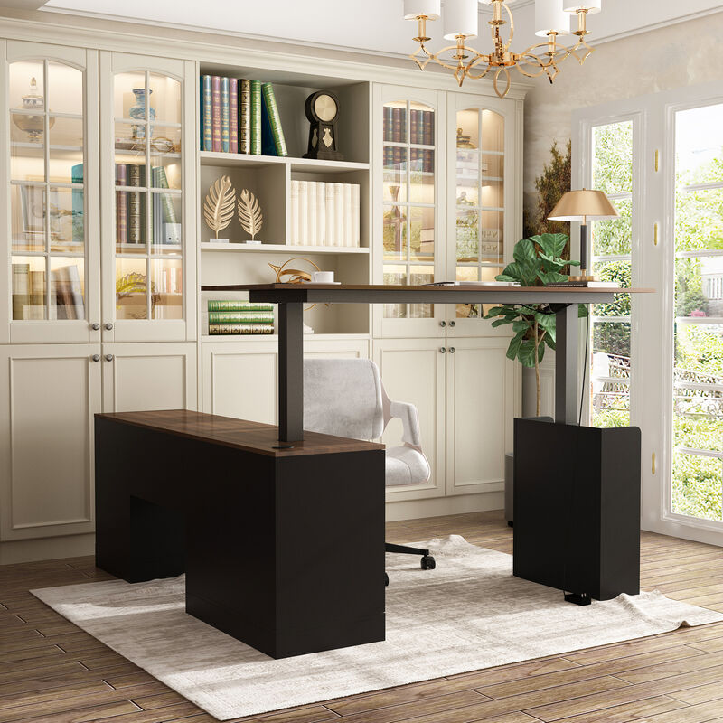 FUFU&GAGA L-Shaped Height Adjustable Office Desk - Perfect Blend of Functionality and Style, (63"Wx63"Dx45.3"H), Black and Brown