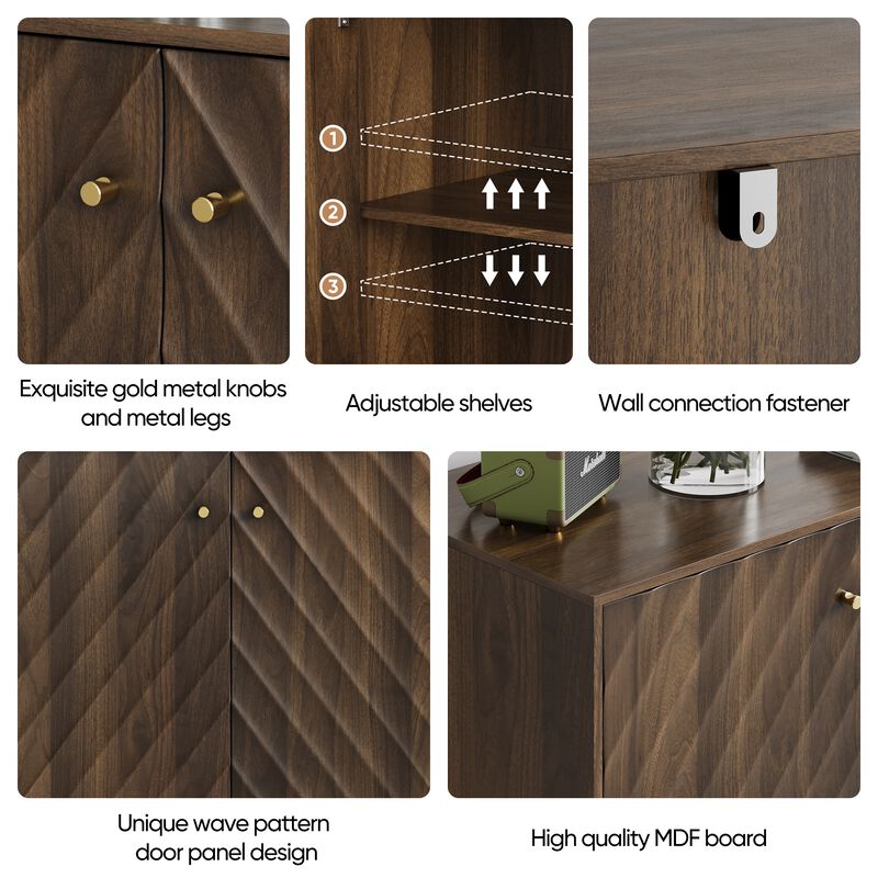 TATEUS Walnut Finish Mid-Century Buffet Cabinet – 4-Door Sideboard for Entryway