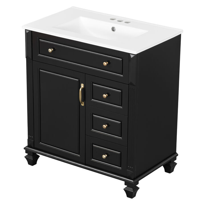 Merax Bathroom Storage Vanity with Classic Black Painted Finish, Panel Details & Decorative Legs