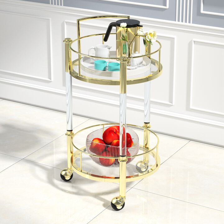 Stainless Steel And Acrylic Mobile Bar Cart Serving Wine Cart with Wheels, 2-tier Metal Frame Elegant Wine Storage for Kitchen, Party, Dining Room and Living Room, Gold TC-16