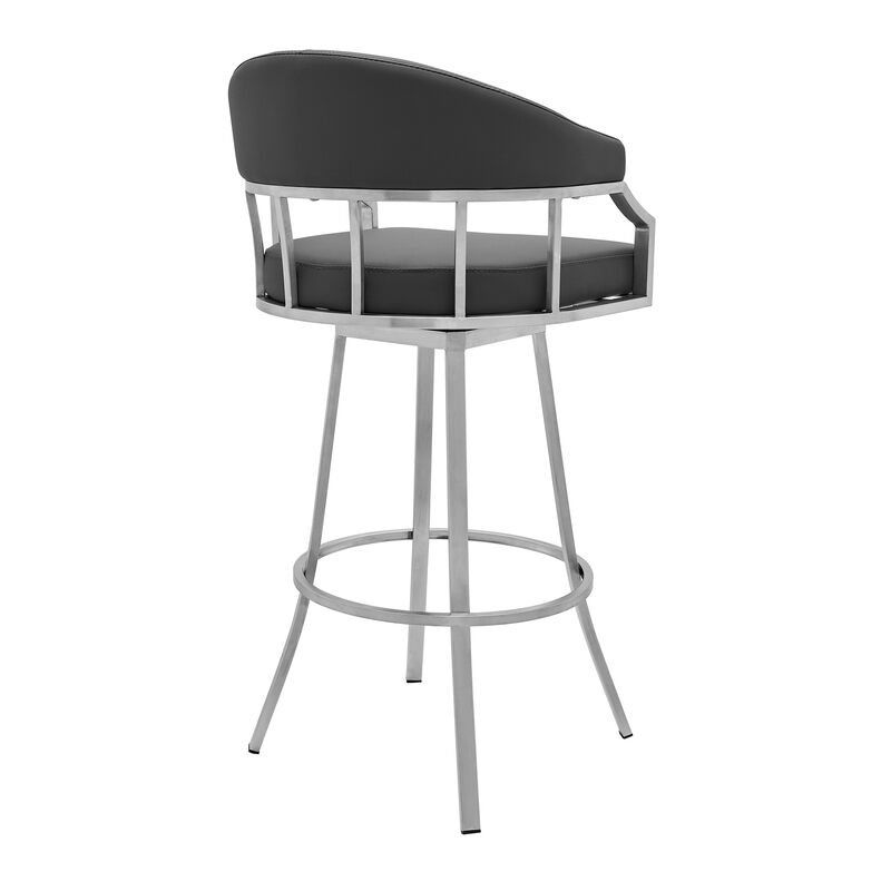 Hivvago 30 Inch Gray And Silver Faux Leather And Iron Swivel Low Back Bar Height Bar Chair