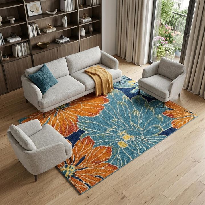 HomeRoots Botanical Leaves Power Loom Area Rug