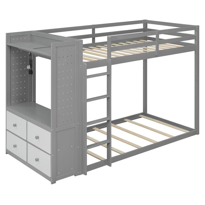 Merax Bunk Bed with Built-in Wardrobe, LED Light, 4 Storage Drawers & Dual Pegboards