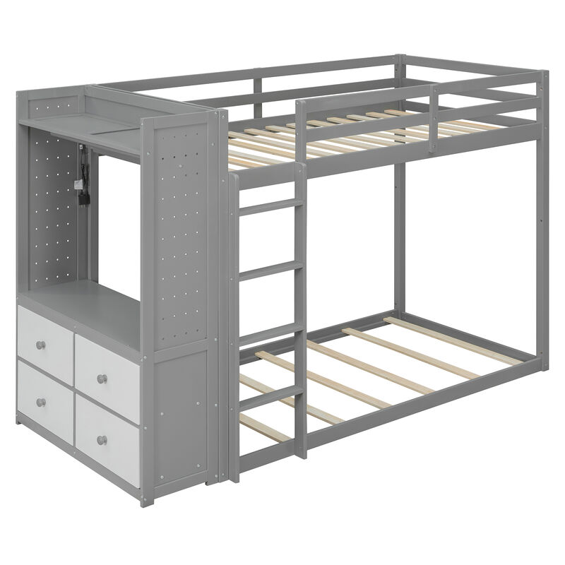 Merax Bunk Bed with Built-in Wardrobe, LED Light, 4 Storage Drawers & Dual Pegboards image number 0