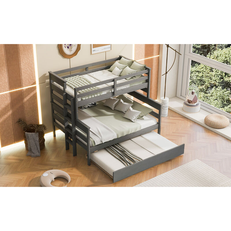 Wood Twin over Full Bunk Bed with Twin Size Trundle, Gray