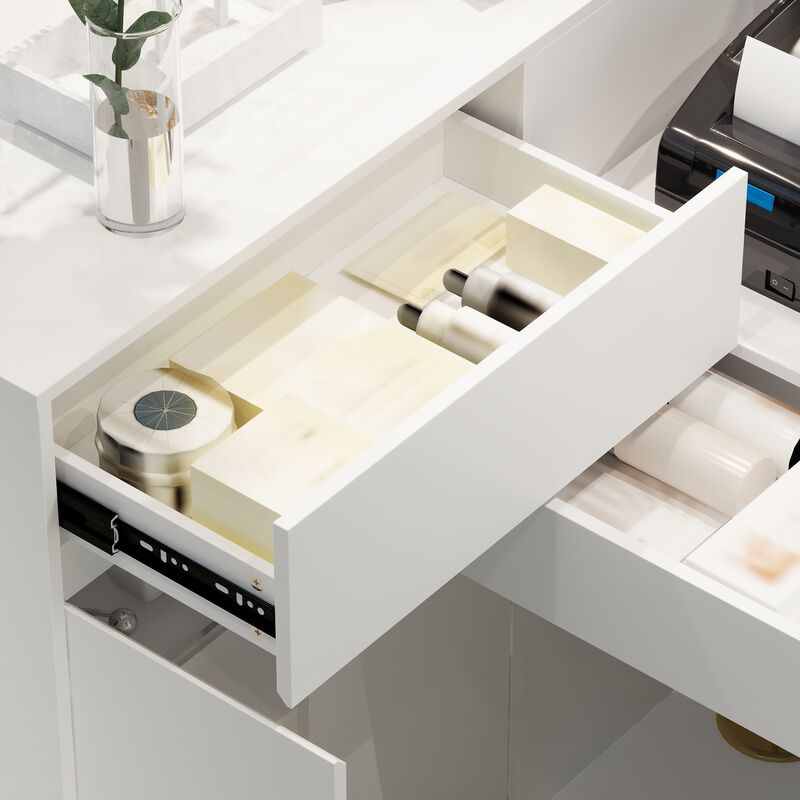 Large L-Shaped Reception Desk with 3 Drawers, 15 Open Shelves, Counter Top & Monitor Stand, Office Desk Reception Counter Table with File Cabinet, White (70.9&rdquo;L x 47.2&rdquo;D x 39.43&rdquo;H)