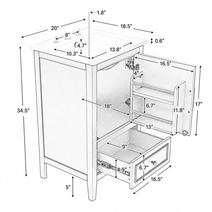 ELEMENT ACE Freestanding 20 Inch Bathroom Vanity with Ceramic Sink, Soft Closing Door, Drawer, and Built-In Storage Rack