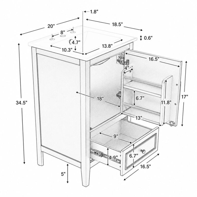 ELEMENT ACE Freestanding 20 Inch Bathroom Vanity with Ceramic Sink, Soft Closing Door, Drawer, and Built-In Storage Rack image number 1