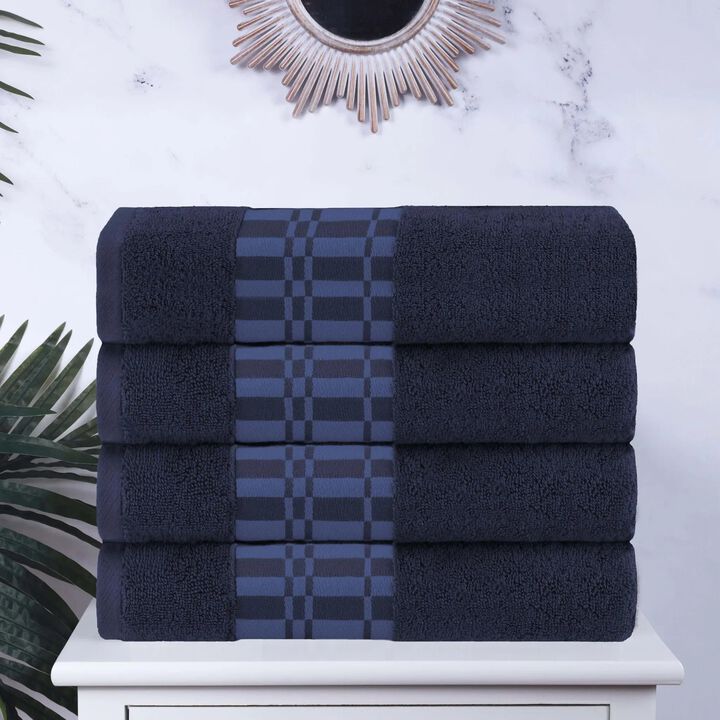 4-Piece Cotton Bath Towel Set with Geometric Border Design