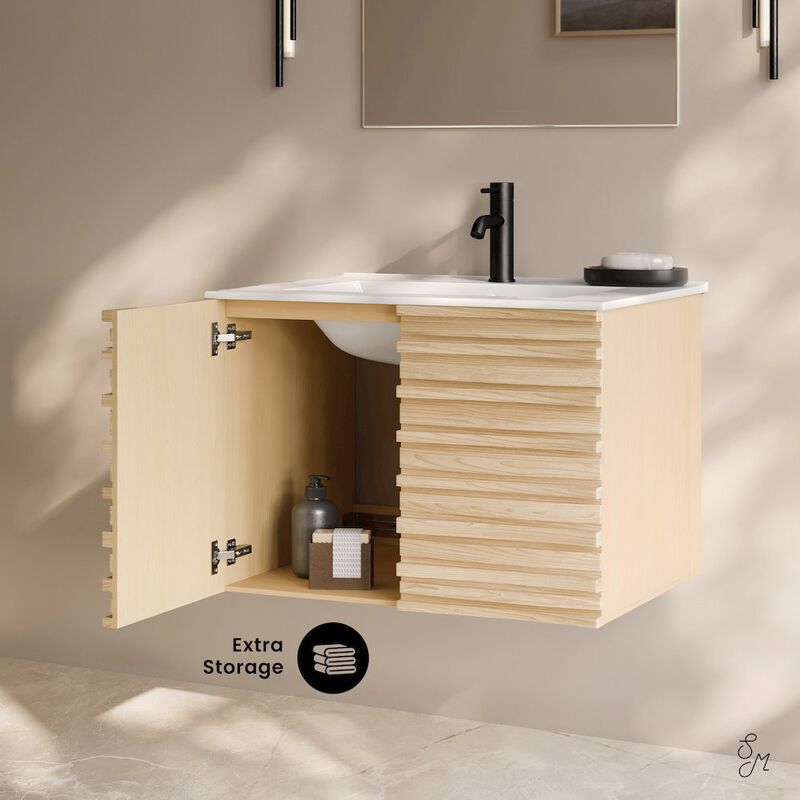 Cascade 30" Wall-Mounted Bathroom Vanity in Natural Oak with Sink Top image number 2