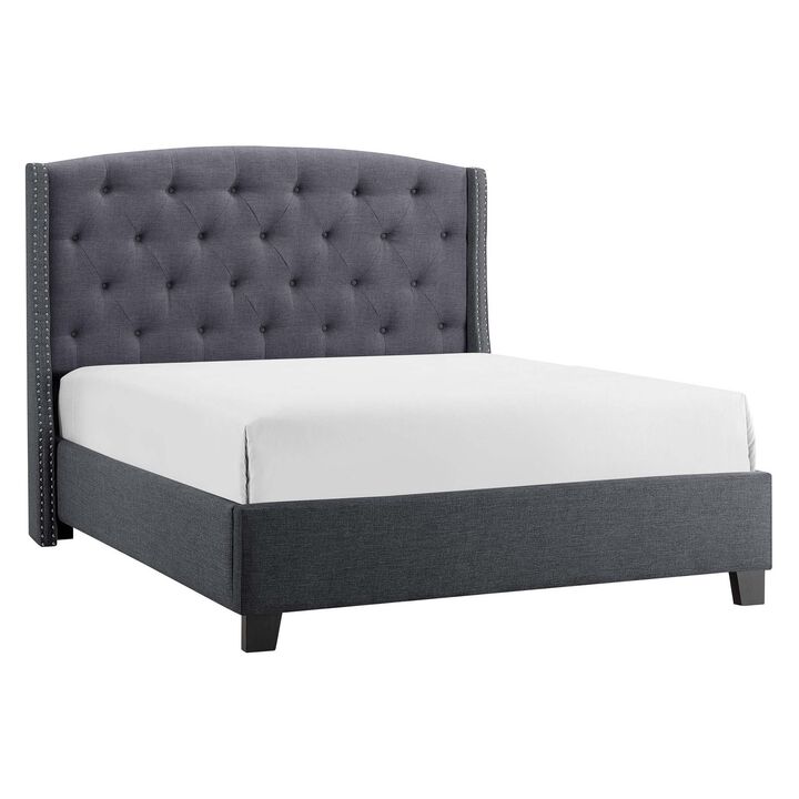 Elle Queen Size Bed, Low Profile, Gray Button Tufted Upholstered Headboard - Benzara