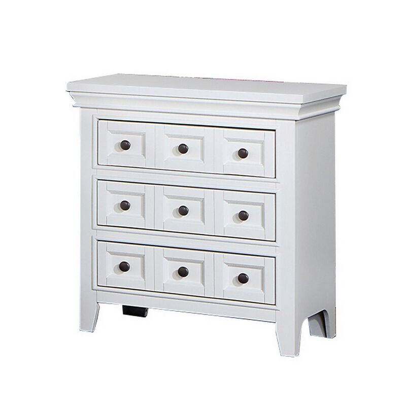 Cile 26 Inch Nightstand, 3 Panel Drawers, White Wood, Round Nickel Handles - Benzara