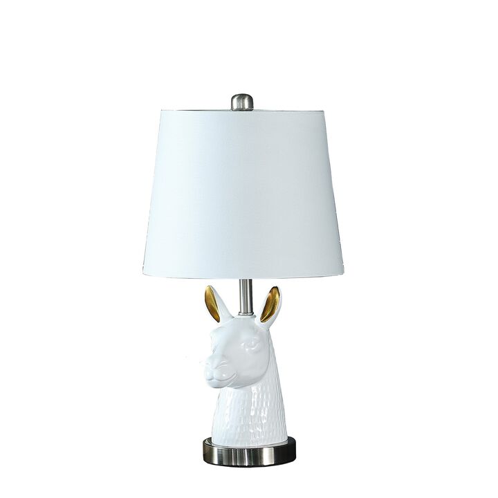 Metal Table Lamp with Llama Animal Head, White-Benzara