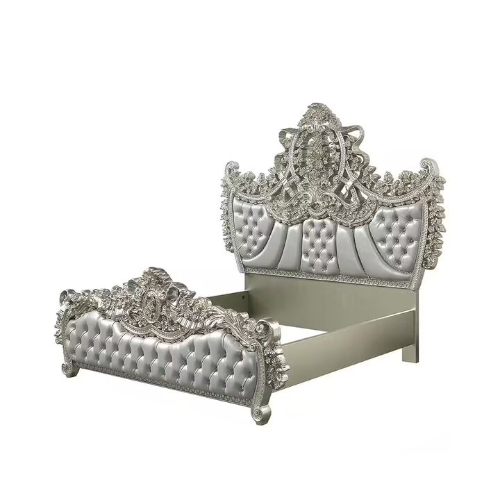 Dove King Bed, Beige Faux Leather Victorian Carved, Champagne Gold - Benzara