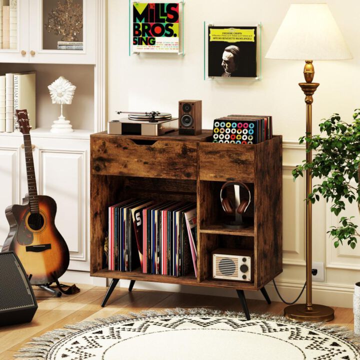 Hivvago Record Player Stand with Power Outlet-Rustic Brown