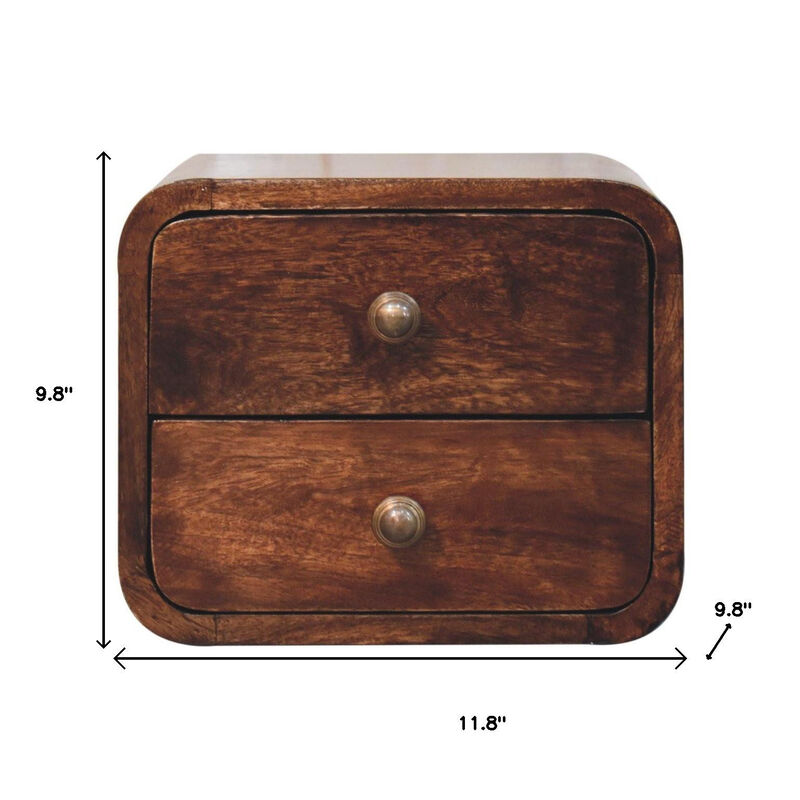 HomeRoots 12" Walnut Solid Wood Square Two Drawer Floating Nightstand image number 6