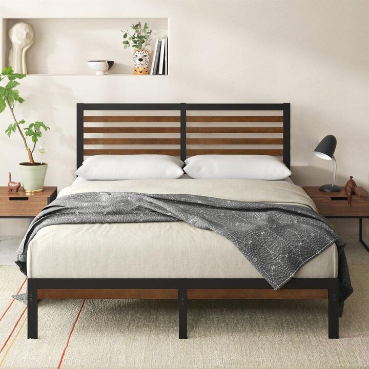 Metal Platform Bed Frame with Bamboo Wood Slat Headboard and Footboard