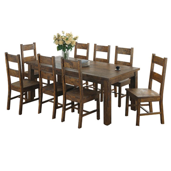 Caly 9pc Dining Table Set, 8 Ladderback Side Chairs, Rustic Golden Brown