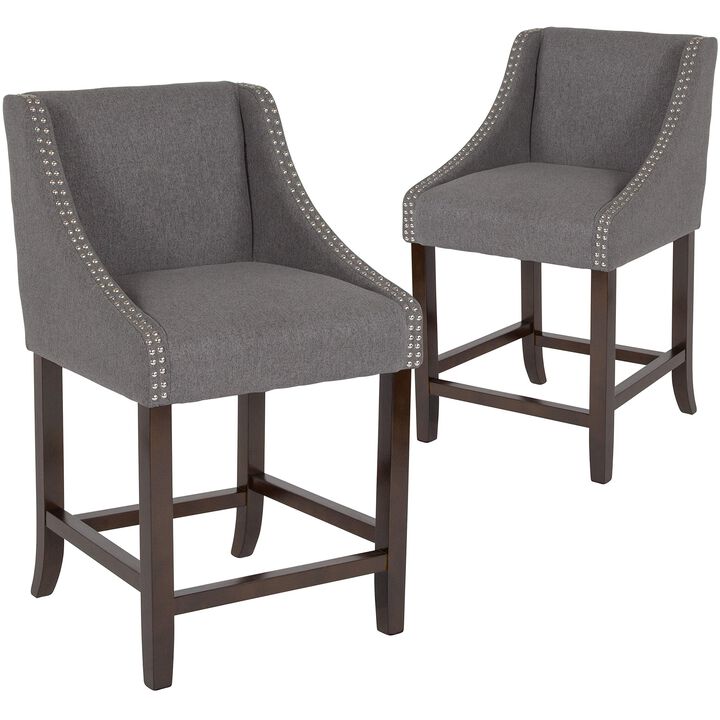 Flash Furniture Carmel Series 24" High Transitional Walnut Counter Height Stool with Nail Trim in Dark Gray Fabric, Set of 2