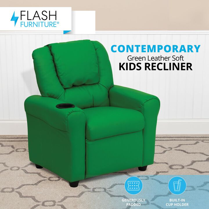 Flash Furniture Vana Vinyl Kids Recliner with Cup Holder, Headrest, and Safety Recline, Contemporary Reclining Chair for Kids, Supports up to 90 lbs., Green