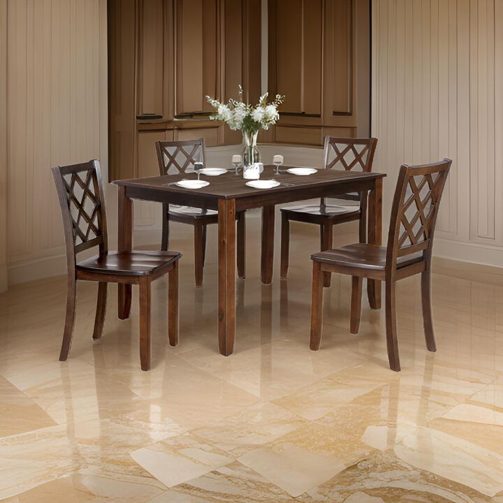 Ziko 5 Piece Dining Table Set, 4 Cross Back Chairs, Cherry Brown Solid Wood - Benzara