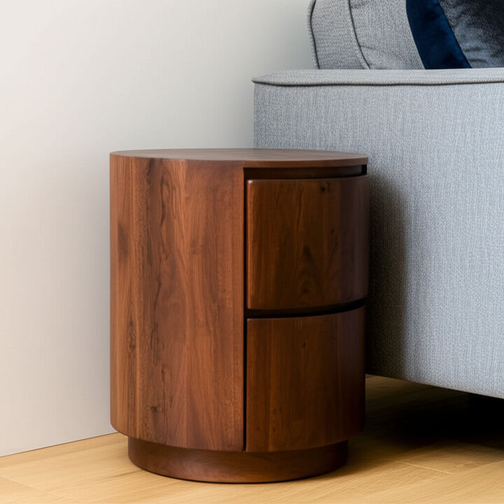 HomeRoots 24" Chestnut Solid Wood Round Drum End Table With Two Drawers